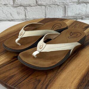 Olukai Kumu Womens 6 Cream Brown Leather Thong Flip Flop Sandals